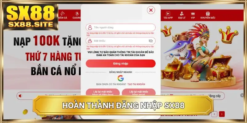 Hoàn thành đăng nhập SX88